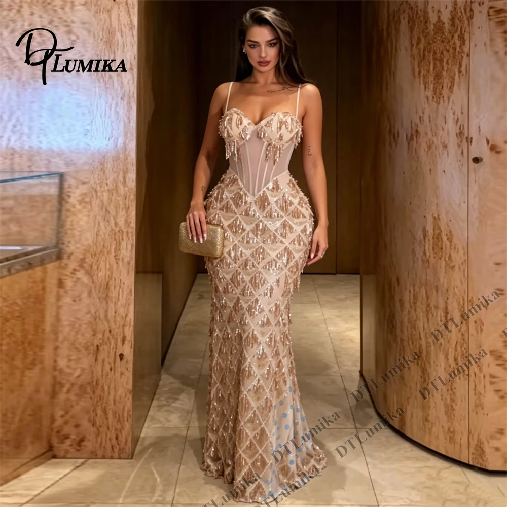 DTLumika Women's Party Dress Spaghetti Straps Long Sheath Corset Evening Prom Dresses Sleeveless Women's Wedding Party Gown