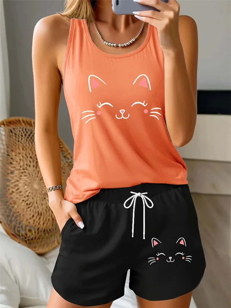 Summer Women's Cute Cat-Print Tank Top Set Round-Neck Comfortable and Soft-Against-the-Skin Pajama Set Women's Jogging Set