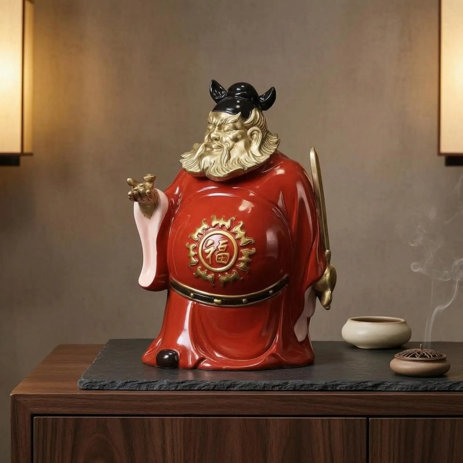 Zhong Kui Figurine Gold Trim Zhong Kui Statue Traditional Chinese Design