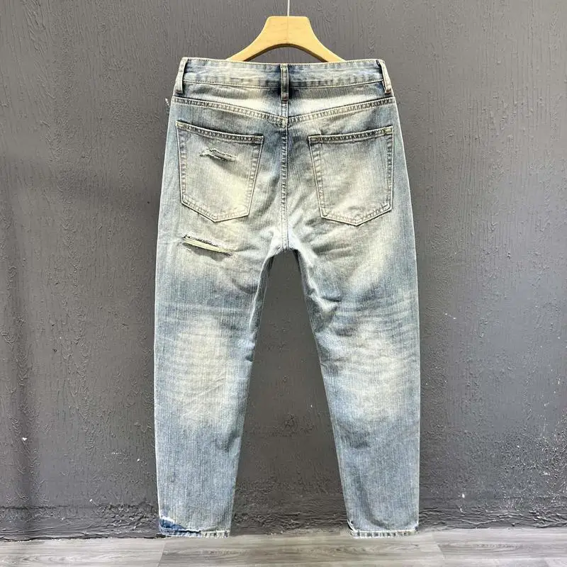 Men's Vintage American Style Denim Jeans with Ripped Pattern 2026 New Summer Stylish Loose Straight Casual Harem Pants