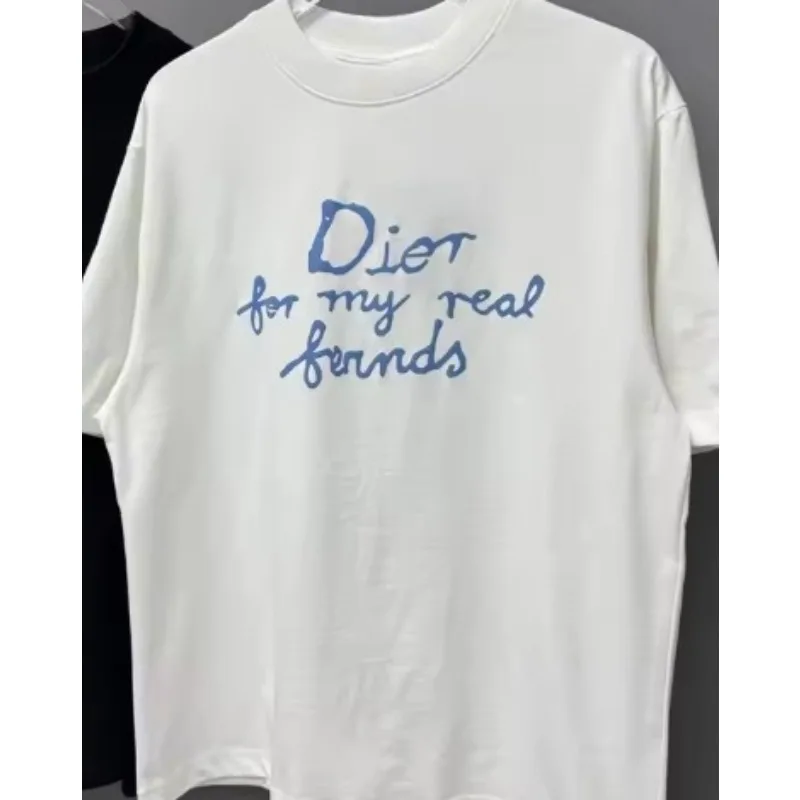 2026 Men Handwritten Slogan T‑Shirt Short Sleeve Loose Fit Graffiti Text Print Hip‑Hop Streetwear Cotton Off‑White Tops