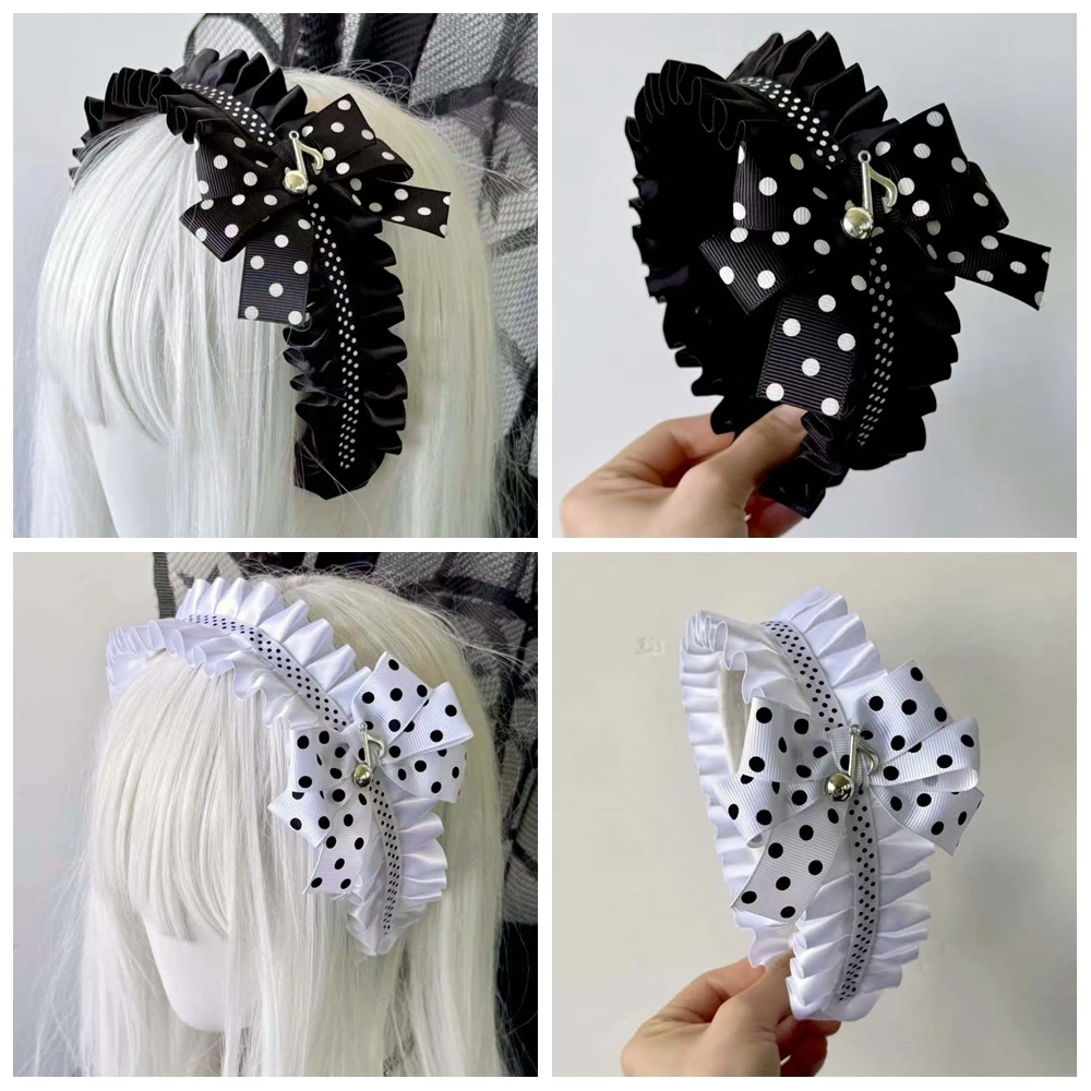 Harajuku Polka Dot Bow Lace Note Headband Lace Ruffle  Y2K Girl Cosplay Japanese Gothic Lolita Steampunk Hair Barrettes