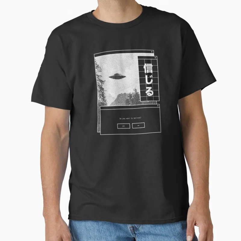 

UFO Vaporwave Aesthetic Japanese 80s Synthwave Japan Alien Gift T shirt for man 100% cotton Large size Tops Graphic Clothes