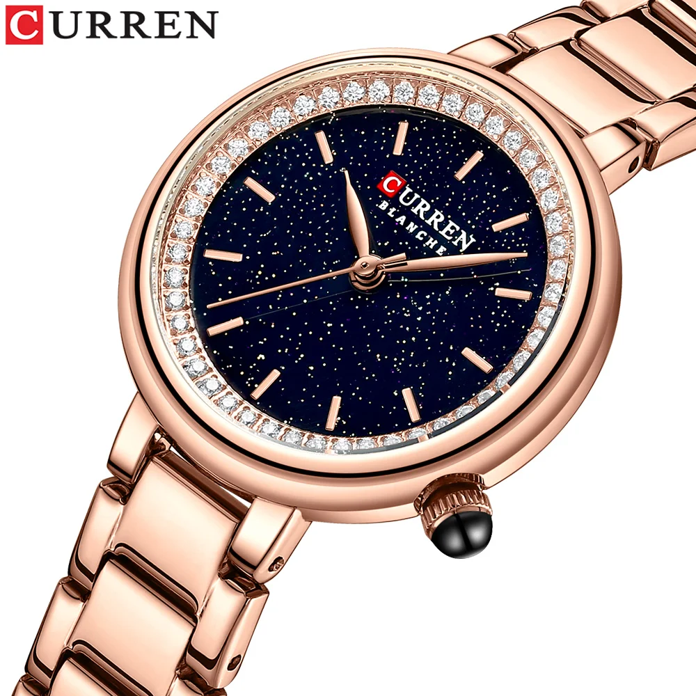 CURREN Luxury Brand Women\'s Wristwatches with Starry Sky Dial Stainless Steel Band Quartz Watches Ladies Rhinestones Clock