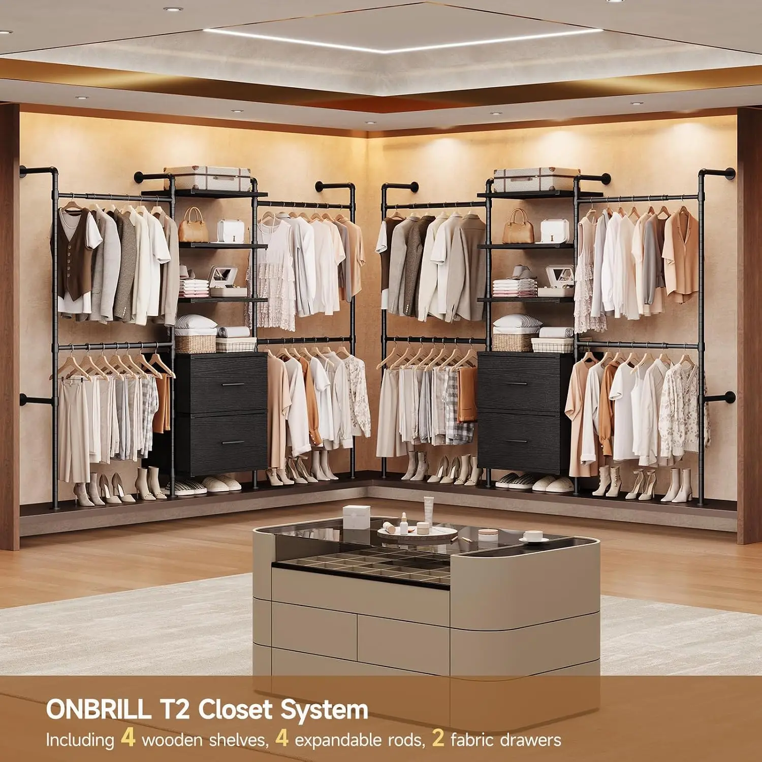T3 Wall Mounted Industrial Pipe Closet Organizers Storage System | Metal Clothing Rack with 2 Drawers, 6 Wooden Shelves & 4 Expa