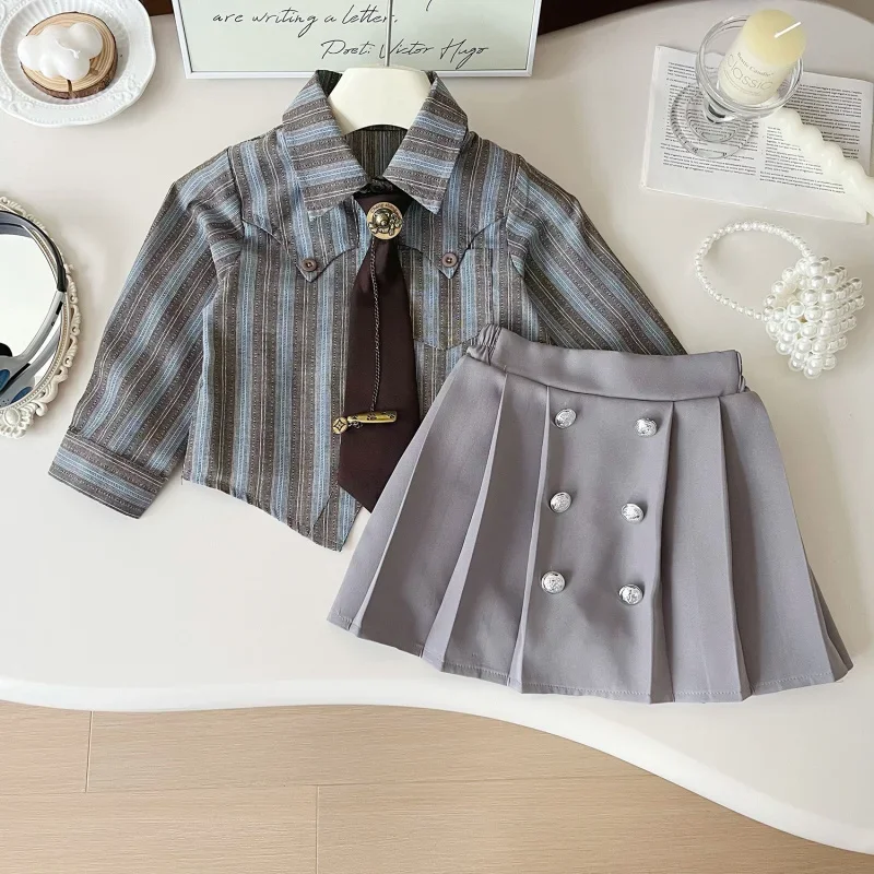 

2025Girls' Spring and Autumn New Korean Style Girls' College Style Shirt and Short Skirt Elegant Cute Two-Piece Set
