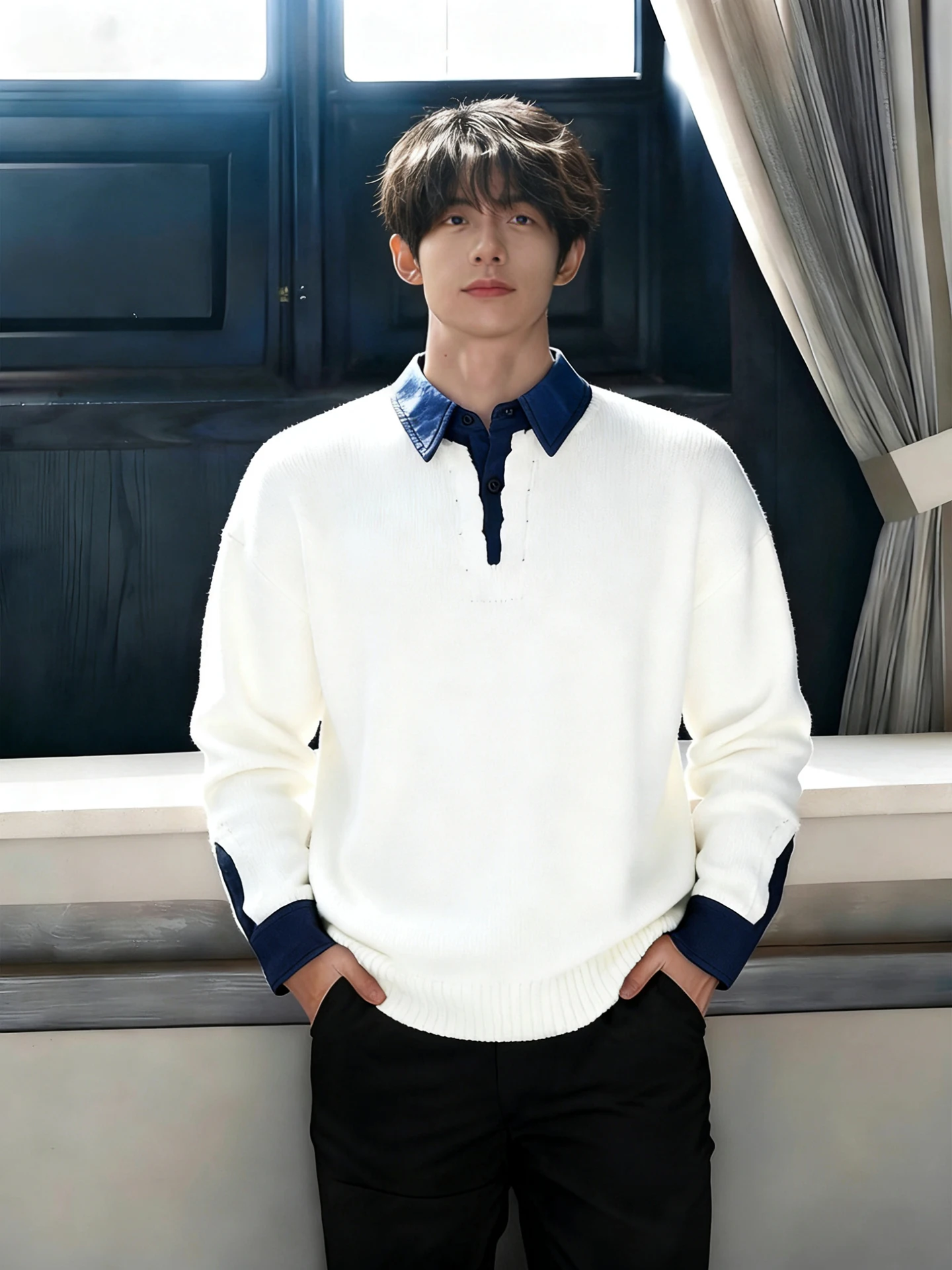 

Briti Sle мужской вязаный белый искусственный свитер из двух предметов осень-зима внутренняя одежда базовый слой воротник irt