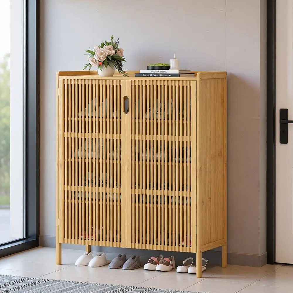 خزانة أحذية من الخيزران مكونة من 5 طبقات للمدخل - منظم تخزين حديث لغرفة المعيشة وغرفة النوم والممر والخزانة - يحمل 25 زوجًا