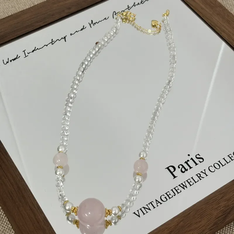 Gentle powder crystal round bead collarbone chain female white crystal millet beads imitation pearl splicing fine necklace