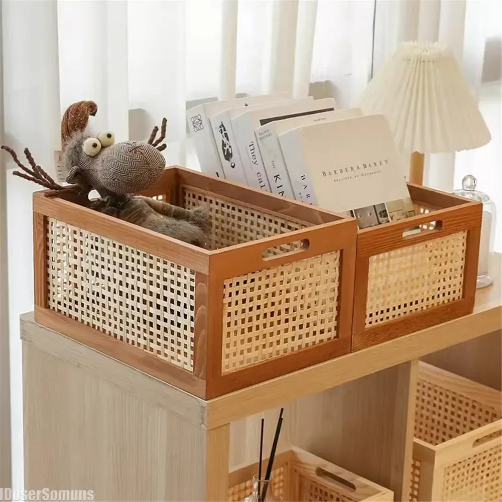 Wood Storage Box Book Snacks Cosmetics Organizer Kitchen Desktop Solid Home Appliance Bathroom Accessories Retro Rattan Basket