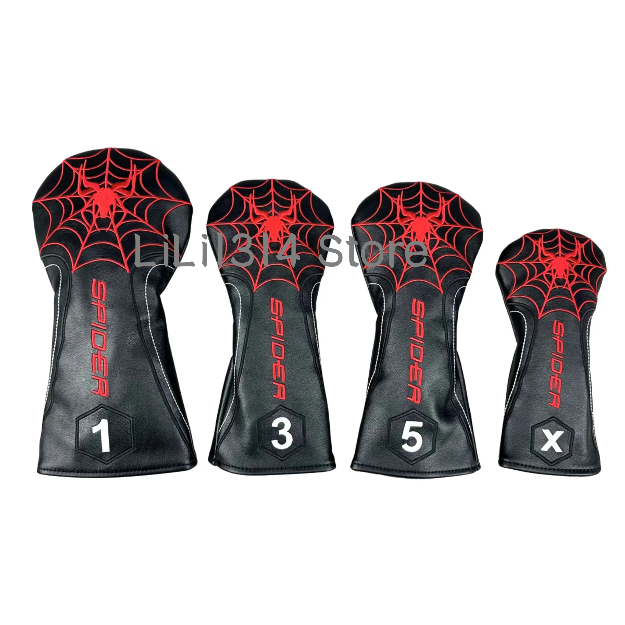 

New Pattern White/Red/Black PU Leather with Spider Embroidery Wood Head Cover Golf Club Driver Fairway Wood FW Hybrid Head Cover