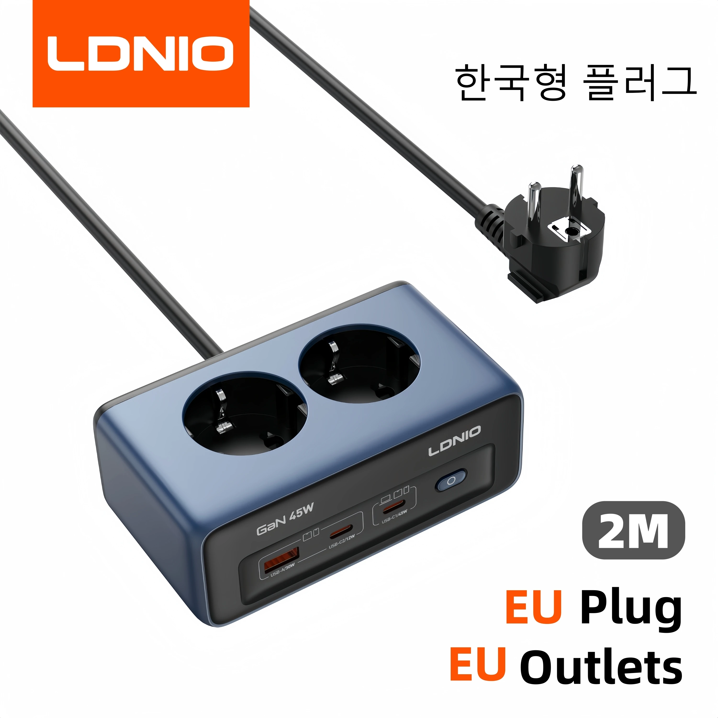 LDNIO Snelle oplader Cube Stekkerdoos 2M Elektrisch verlengsnoer 45W Type C Laadstation Us UK Eu Kr USB-stekkeradapter