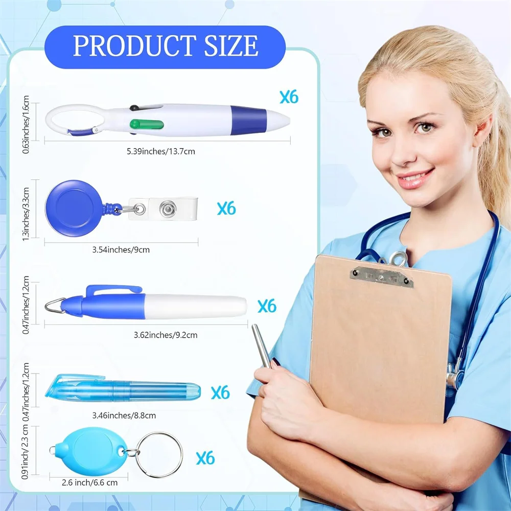 5-In-1 Nurse Pen Set Badge Reel Retractable Id Badge Holder With Multicolor Pen Marker And Light Keychain Badge Clip Name Holder