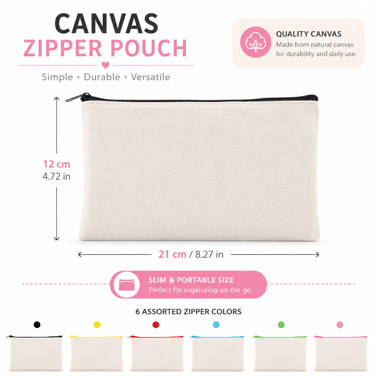 12PCS Canvas Zipper Pouch Set, DIY Craft Makeup Bags, Cosmetic Pouches for Travel Toiletries, Bills, Cosmetics Daily Essentials