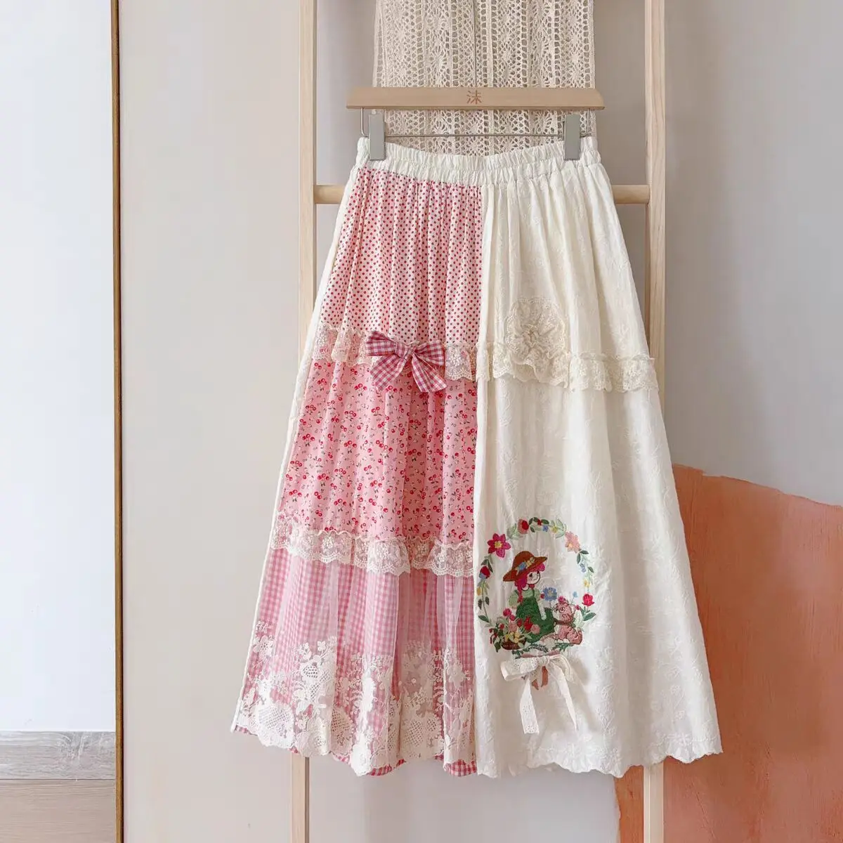 Vintage Embroidery Patchwork Cotton Long Skirt Women Japanese Mori Girl Lace Ruffles High Waist A-line Skirts Mujer Faldas