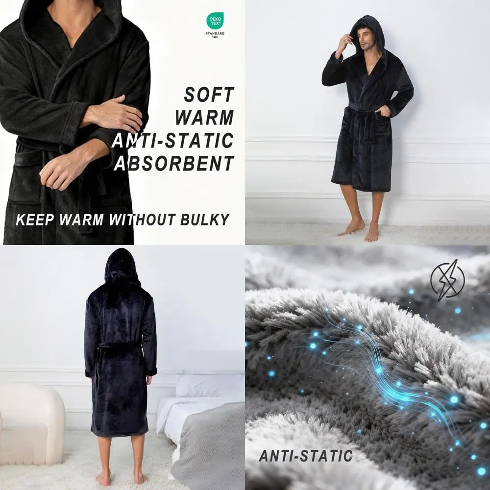 

Men's Plush Hooded Bathrobe, Soft Anti-Static Fleece Robe with Pockets, Comfortable for Home and Spa Use