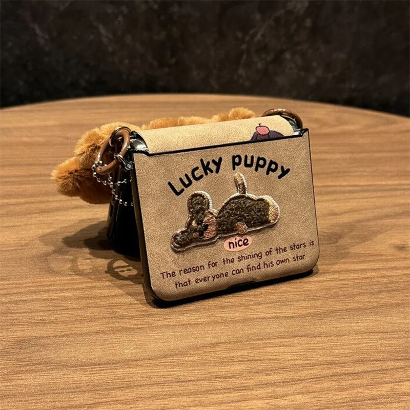 

Cute Plush Embroidered Puppy Flip Case for Samsung Z Flip 7 6 5 4 cases with 3D Fluffy Handheld Strap Leather Protective Cover
