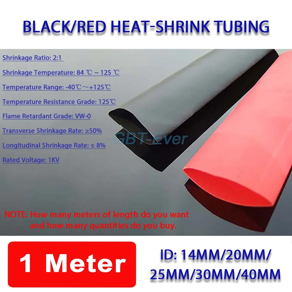 

1Pcs Black/Red Heat-shrink Tubing 14mm/20mm/25mm/30mm/40mm Thermoresistant Tube Heat Shrink Wrapping Cable Insulation Sleeving