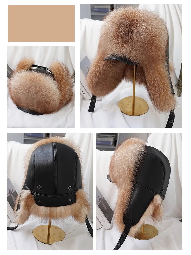 Winter 100% Echtes Silberfuchsfell Bombermütze Waschbärpelz Mütze Neue Herren-Ushanka Trapper Russische Herren-Skimütze Echte Lederkappen – Detail 22