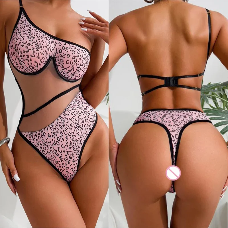 

Bodysuit Leopard print mesh spliced with transparent mesh for body shaping and fun jumpsuit sexy lingere outfit Scary costumes
