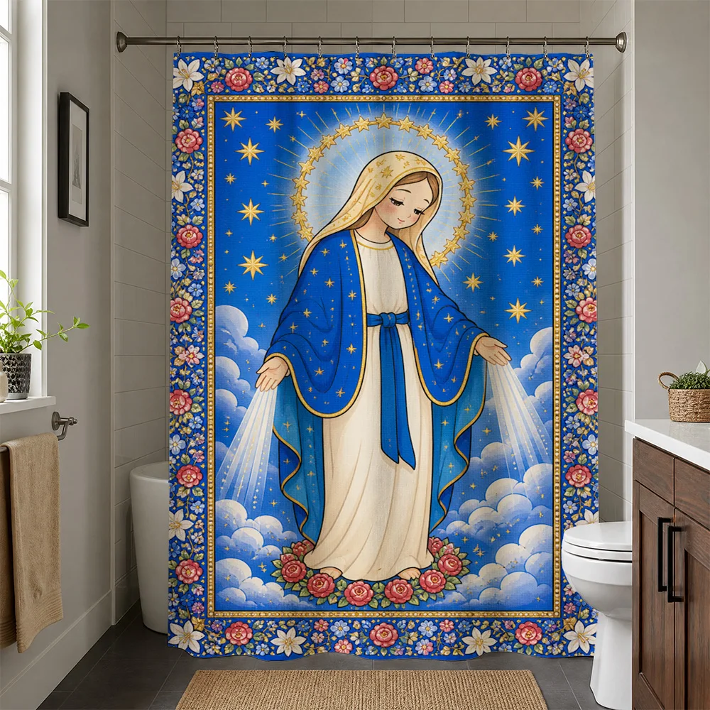 Luxurious Waterproof Shower Curtain Blue Divine Celestial Religious Art Christian Style Mural Bathroom Decor Heavenly Protection