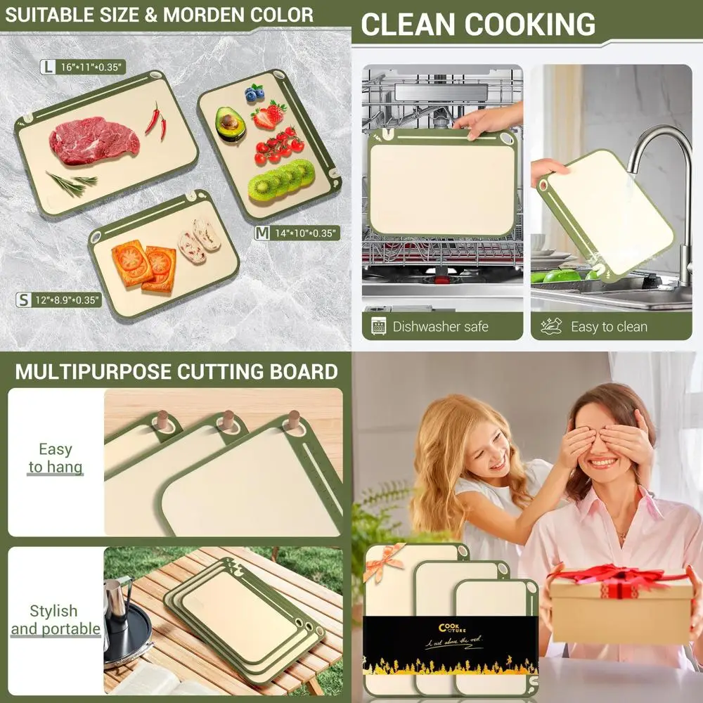 

Набор двусторонних пластиковых разделочных досок с канавкой для сока, точилкой для ножей, нескользящими дисками и маркированными линиями, без BPA, посудомоечной машиной