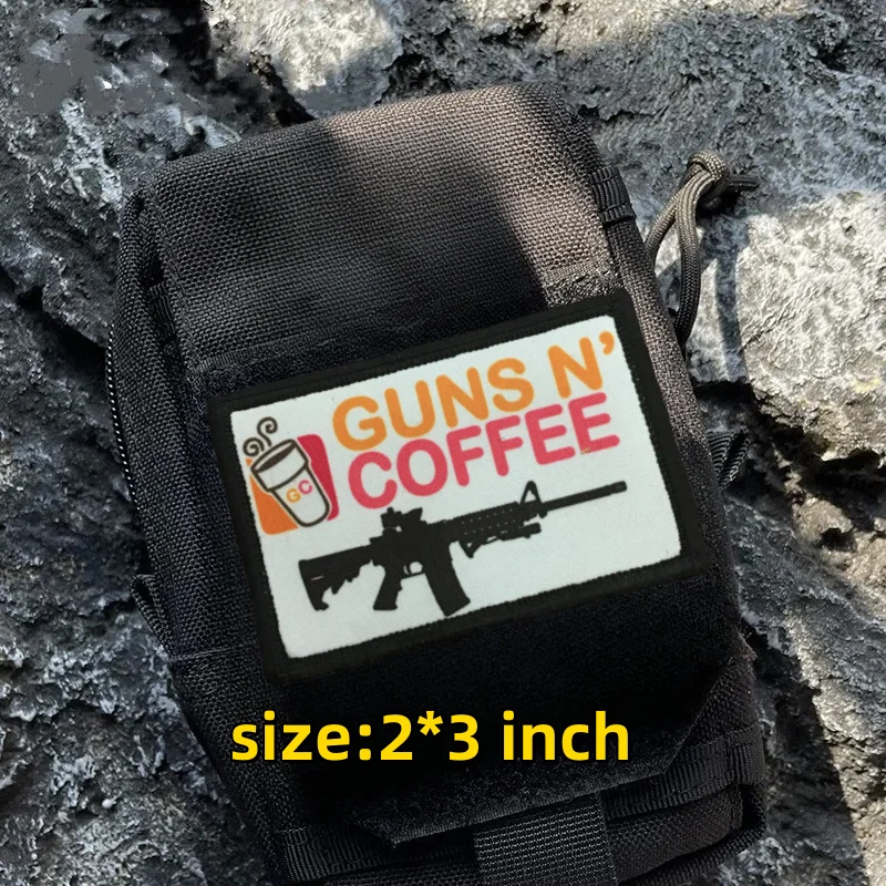 

Guns and Coffee Morale Tactical Patch Embroidery Hook&Loop Emblem Funny Military Flag Dunkin Badge DIY Clothes Backpack Stickers