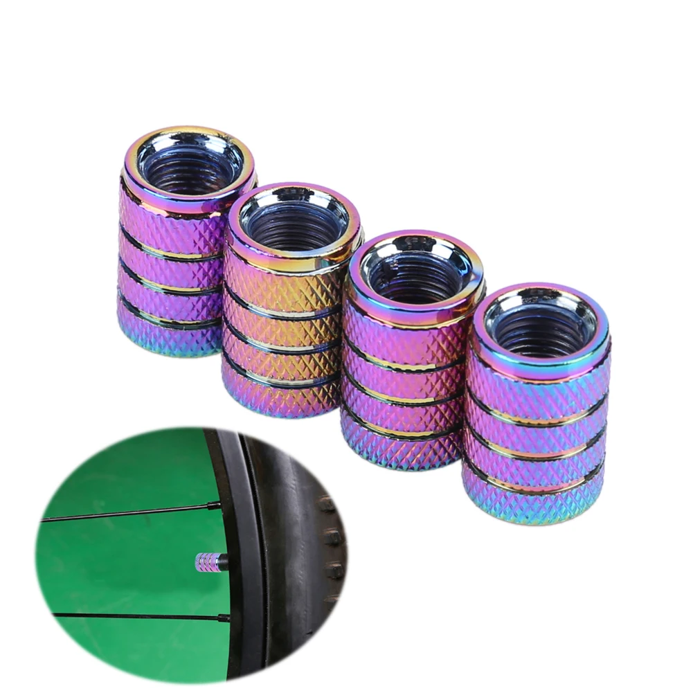 4pcs Rainbow Color Aluminum 3-Groove Style Car Wheel Tire Valve Caps Covers