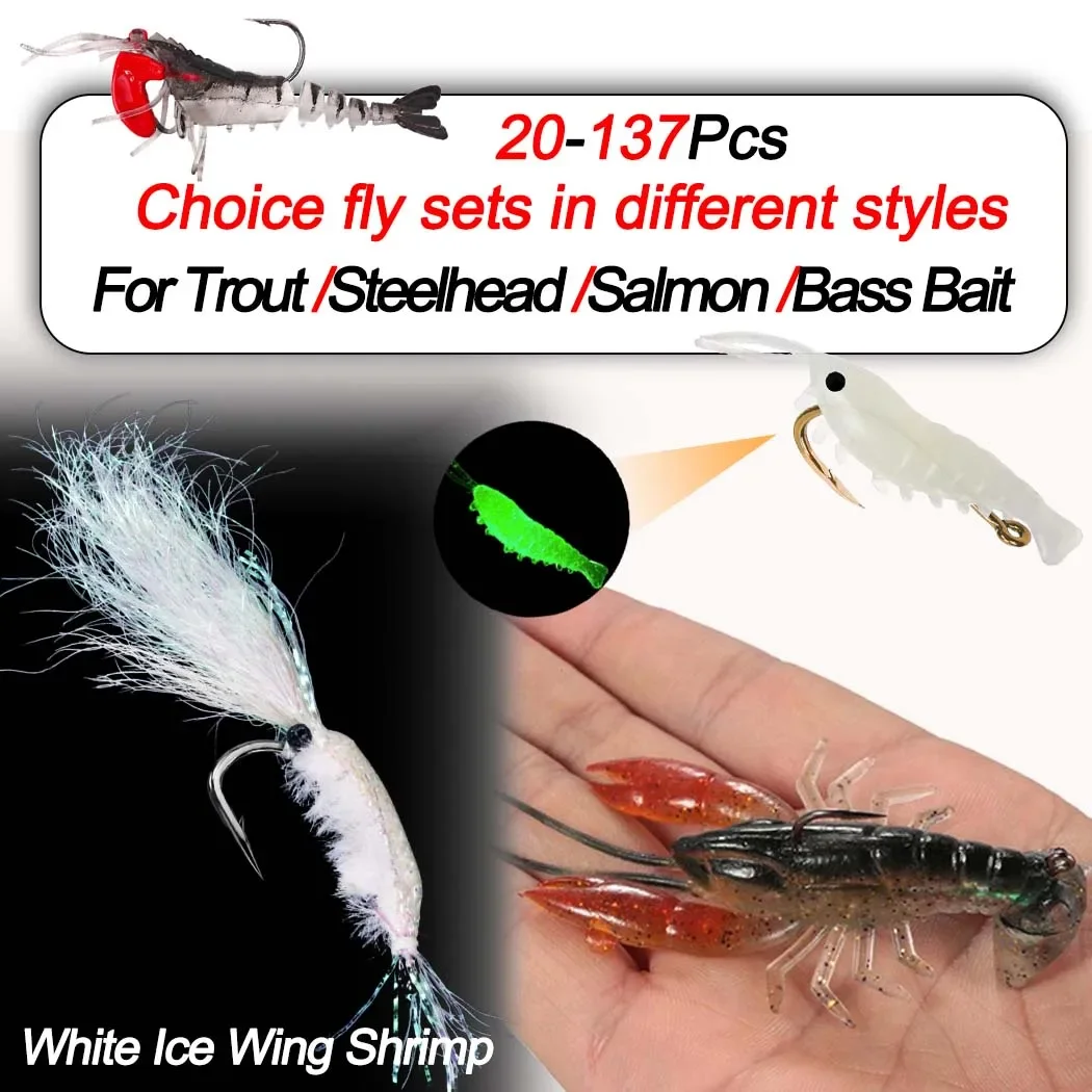 20-137Pcs Trout Fly Fishing Assorted Flies Kit Nymph Dry Wet Flies Fishing Fly Lure