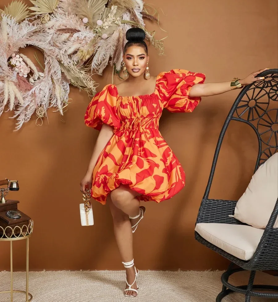 African Print Dresses for Women Summer Elegant African Off Shoulder Short Puff Sleeve Mini Birthday Evening Gowns African Dress