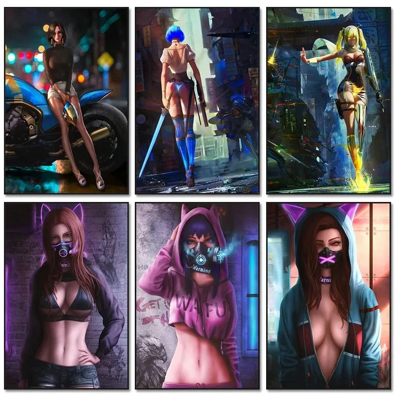 Anime Sexy Girl Canvas Paintings Cyberpunk Mask Beauty Posters Prints Comic Character Wall Art Pictures Bar Room Home Decoration