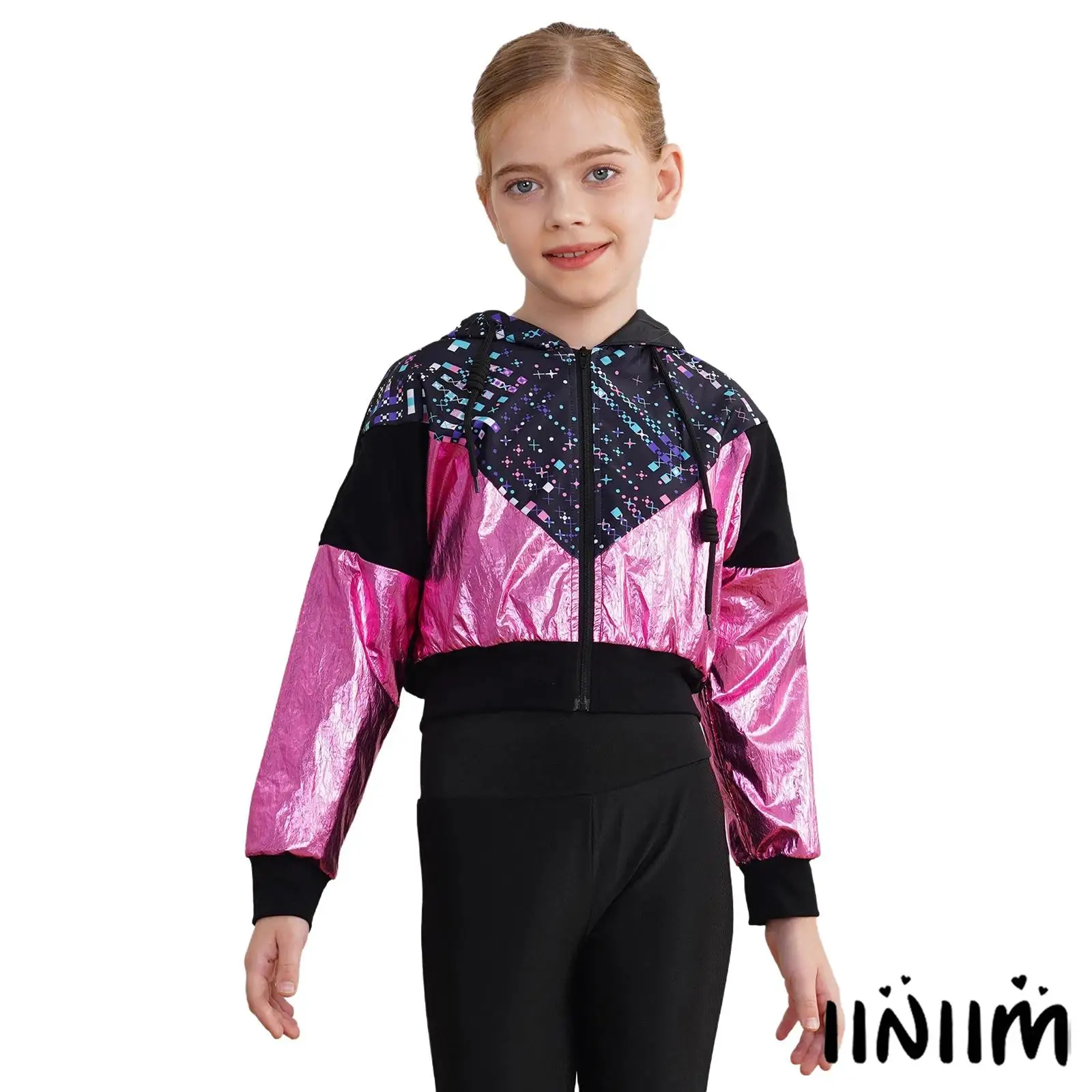 

Kids Girls Hooded Long Sleeve Zipper Jazz Dance Jacket Fashion Print Short Jacket Casual Coat Dance Outerwear for Ballroom Dance