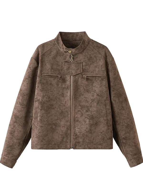 

Vintage Brown PU Leather Jaet Men's ort Sle oulder Pad Motorcycle Clothes Stand Collar Windproof Faion Autumn Outer...