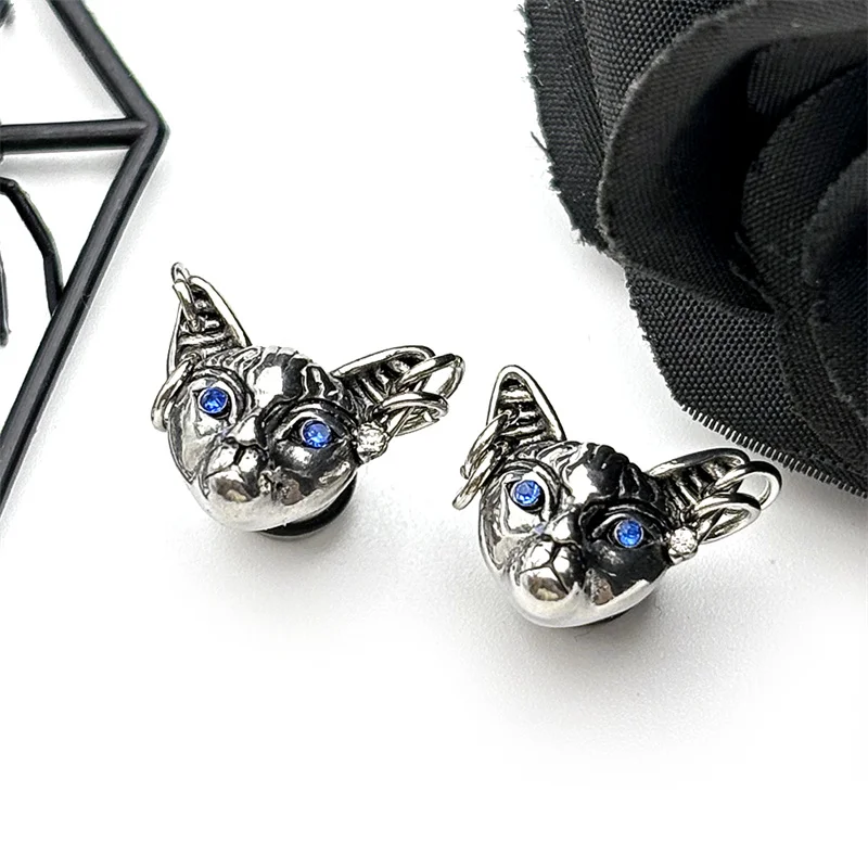 

1PC Gothic Punk Sphynx Hairless Cat Head Stud Earrings For Women Men Stainless Steel Silver Color Blue Rhinestones Jewelry Gift