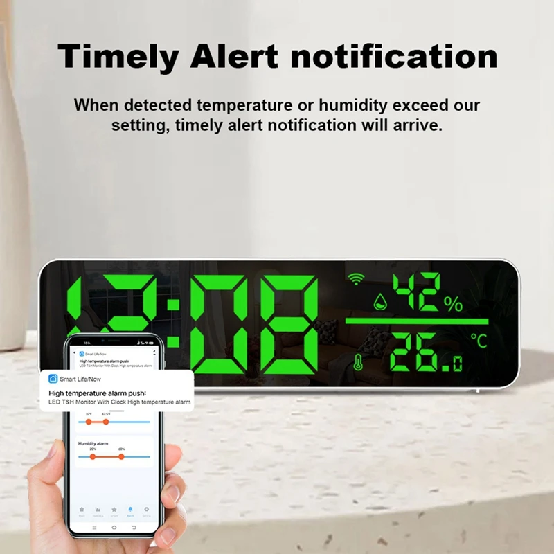 Tuya Wifi Temperature And Humidity Alarm Clock Multi-Function LED Digital Clock For Living Room, Farmhouse, Office