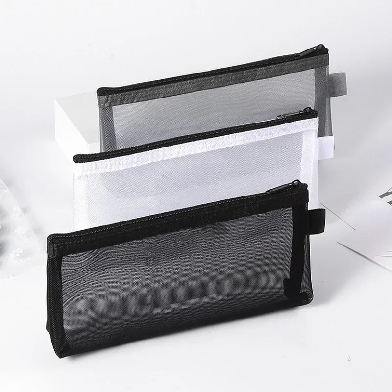 Grey Black Makeup Case Large Capacity Mesh Transparent Cosmetic Brush Bags Students Solid Color Zipper Nylon School Pencil Case