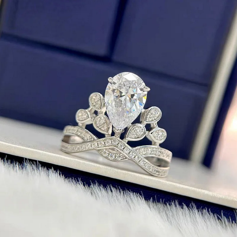 

2-carat genuine moissanite engagement open ring, teardrop-shaped crown, heron feather diamond wedding jewelry gift