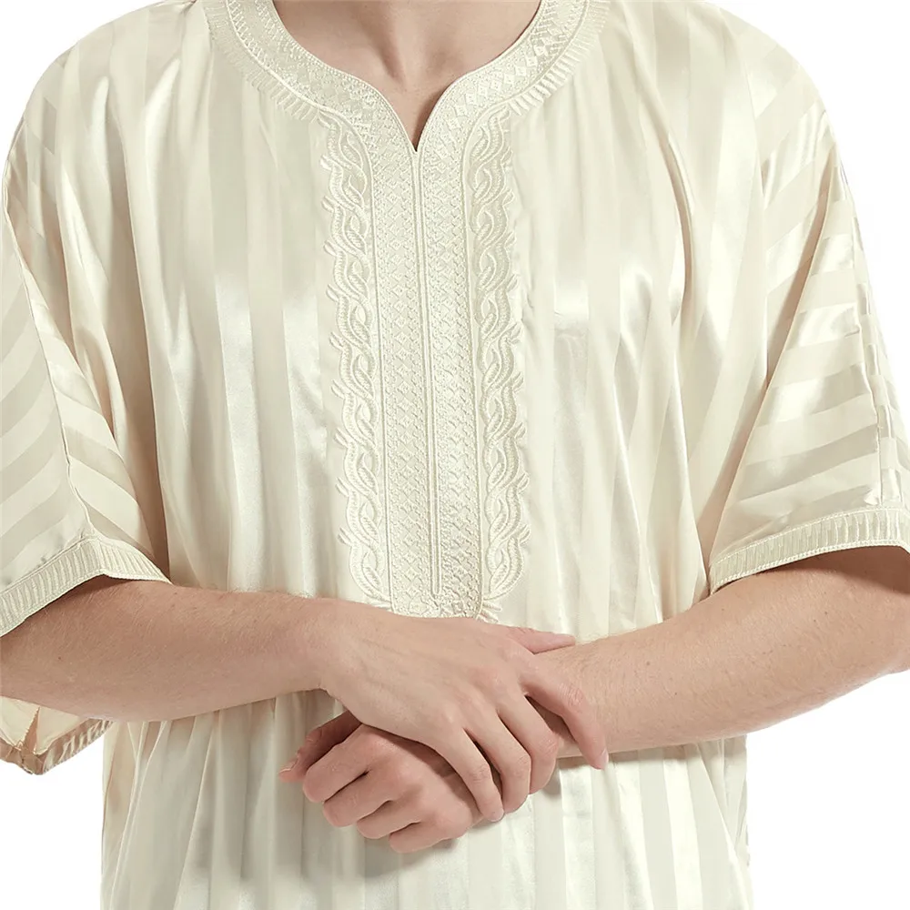 Strepen Moslim Mannen Jubba Thobe Geborduurde Rits Zakken Gewaad Thoub Eid Ramadan Dubai Abaya Jurk Islamitische Kleding Arab Kaftan