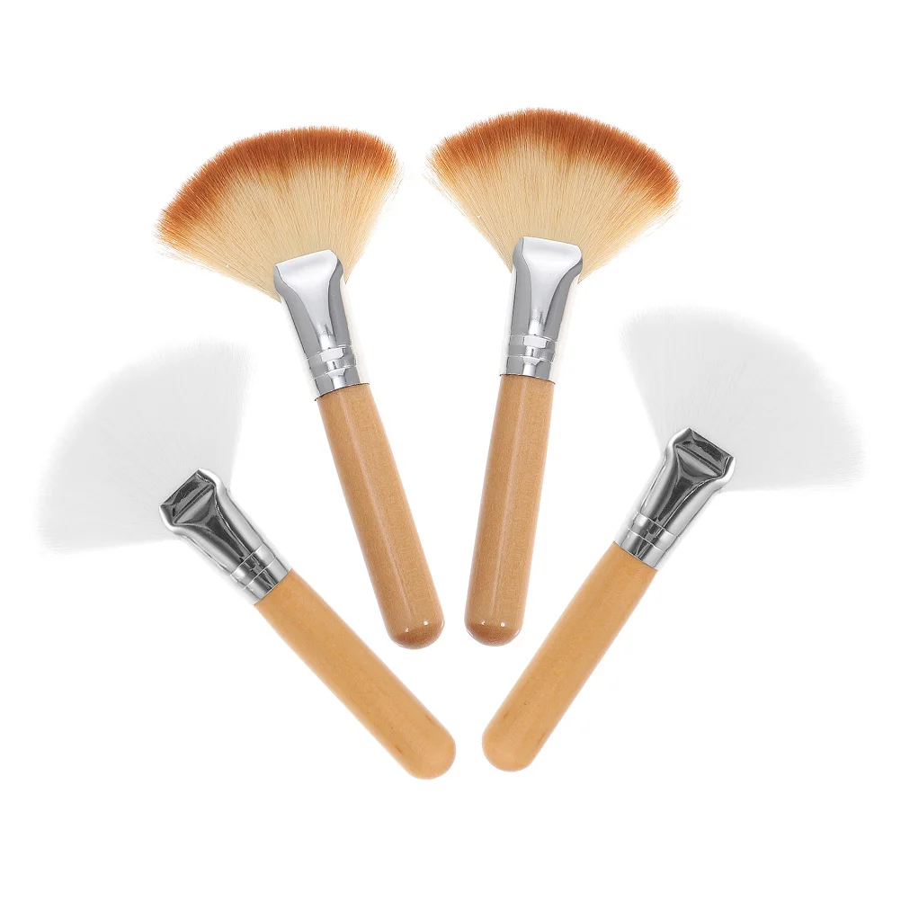

4pcs Long Handle Soft Nylon Fan Shape Loose Powder Brush Makeup Blush Cheeks Setting White Hair Salon Facial Brushes