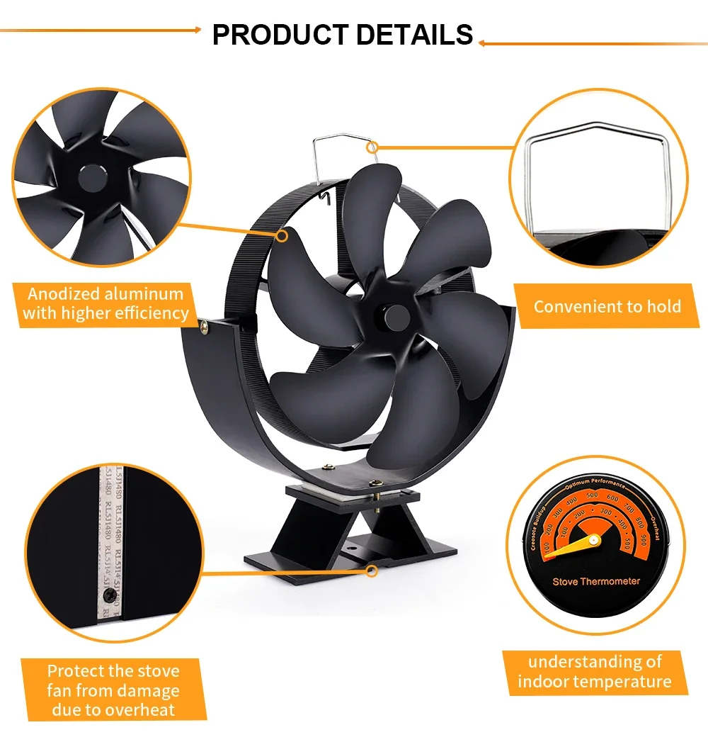 6 Blades Heat Powered Stove Fan 360 Degree Rotatable Fireplace Fan Log Wood Burner Eco-fan Quiet Efficient Heat Distribution Fan