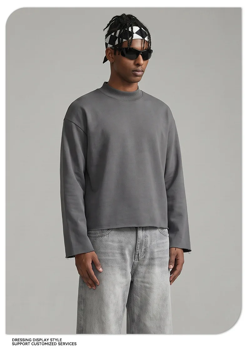 Heavy Autumn and Winter Solid Color Sweater Men's Hem Rough Edge Retro Semi-turtleneck American Pullover Sweater