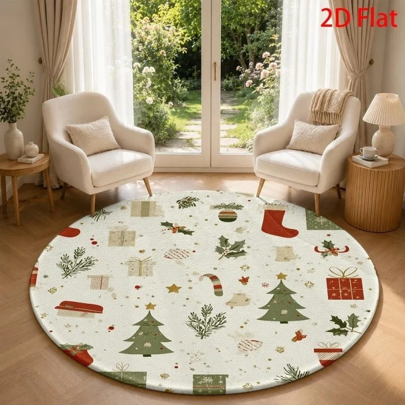 Santa House Christmas Round Rug, Snowy Roof Printed Circular Floor Mat, Xmas Holiday Decor Carpet for Indoor Living Space