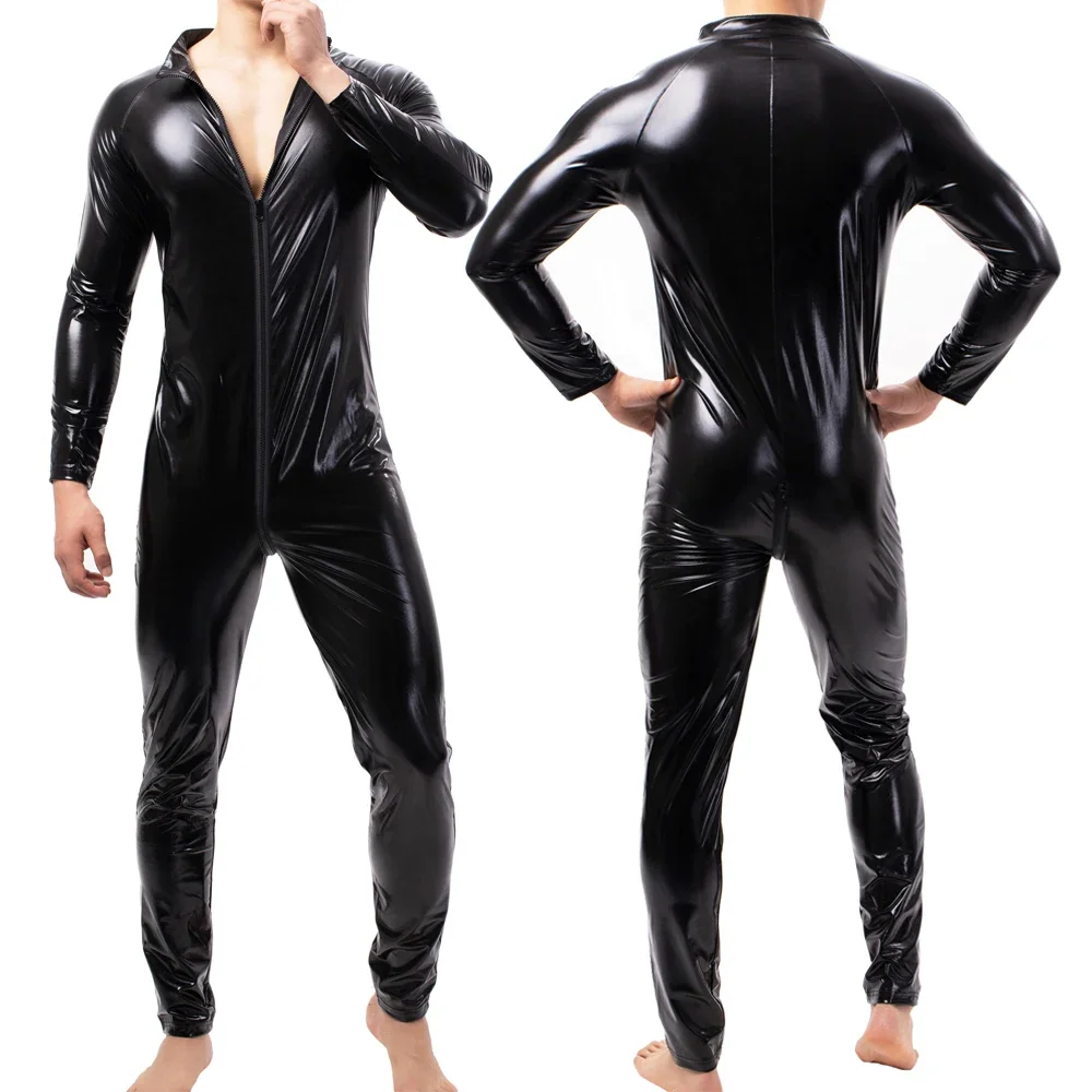 Mens Patent Leather Bodysuit Sexy Front Zipper Leotard Nightclub Stage Jumpsuit Wrestling Singlet Faux Leather Dance Clubwear