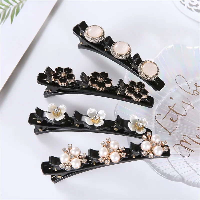 Sparkling Crystal Stone Braided Hair Clips Hairpin Duckbill Clip with 3 Small Clips Flowers for Womens Girls Hair Accessories