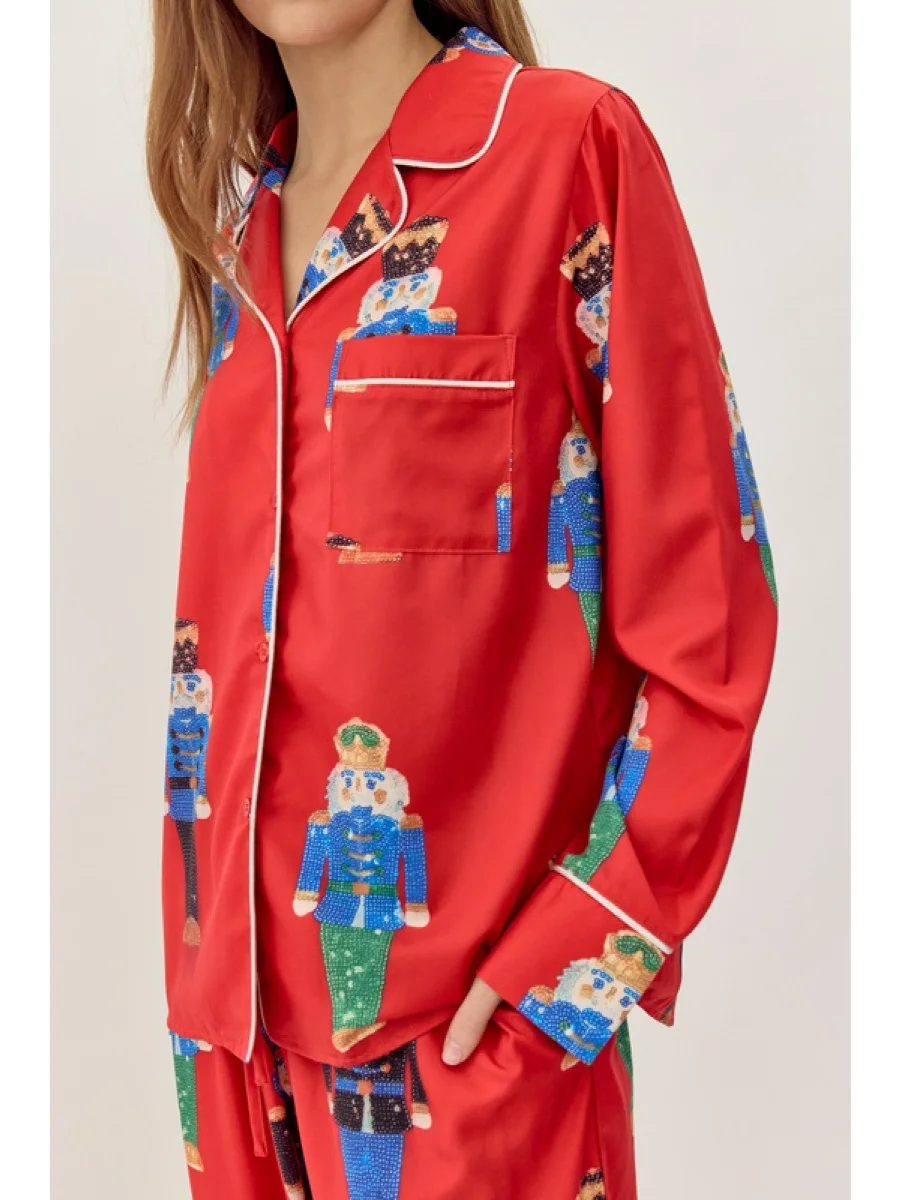 2026 عيد الميلاد الأحمر كسارة البندق طباعة بيجامة مجموعة المرأة طباعة المتسكعون ملابس المنزل المريحة طويلة الأكمام ملابس خاصة الزي #3