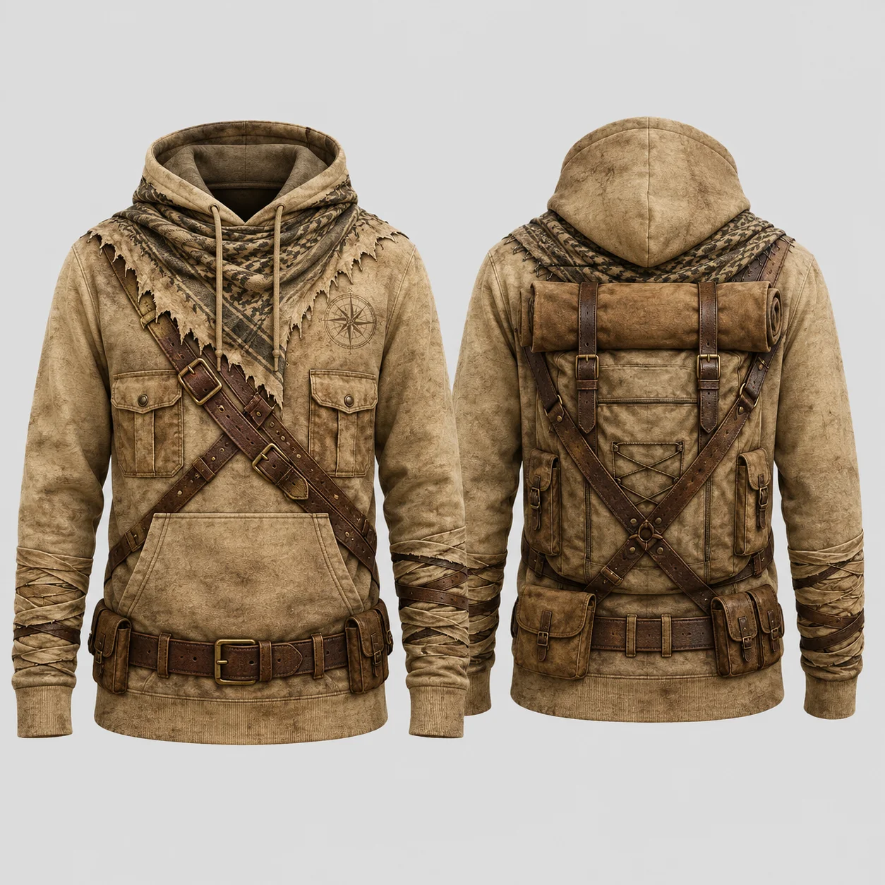 Vintage Explorer Utility Hoodie Men Khaki 3D Sublimation Print Flat Graphic Pullover Sweatshirt Outdoor Streetwear