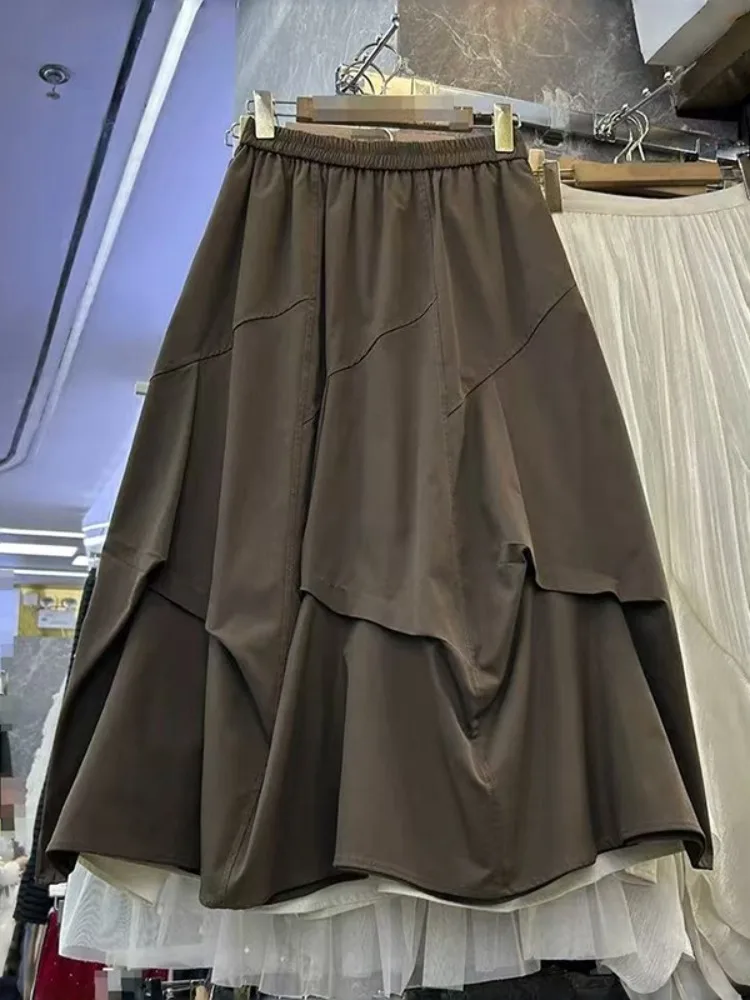 Fashionable Casual Asymmetrical Pleated High Waist Slimming Young-looking Mid-length A-line Skirt Women Spring Season