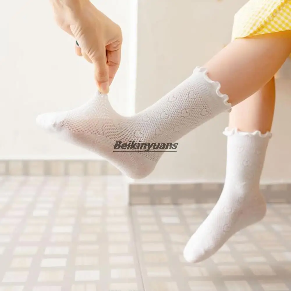 

Children's summer socks thin breathable mesh socks Japanese candy-colored hollow love wood ear girl baby
