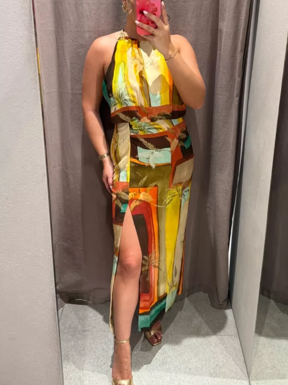 

Women's Retro Casual Printed Halter Neck Dress Slit Backless Long Dress 2025 Summer Fashion Holiday Beach Lady Dress