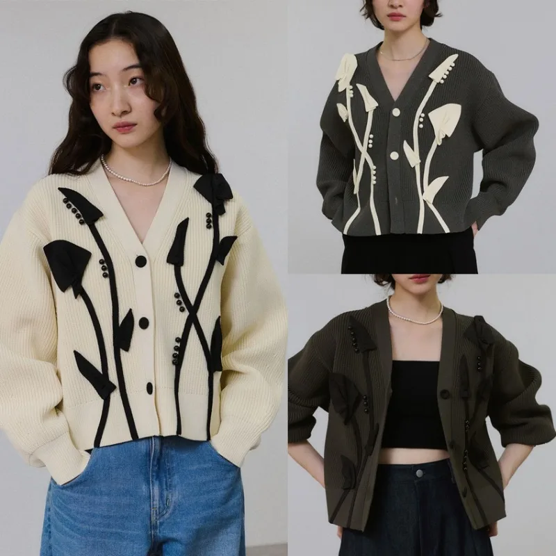 

2025 Autumn Winter Beading Knitted Cardigan Coat Women Korean Style V-neck Long Sleeve Thick Sweater Jacket Ladies Knitwear Tops